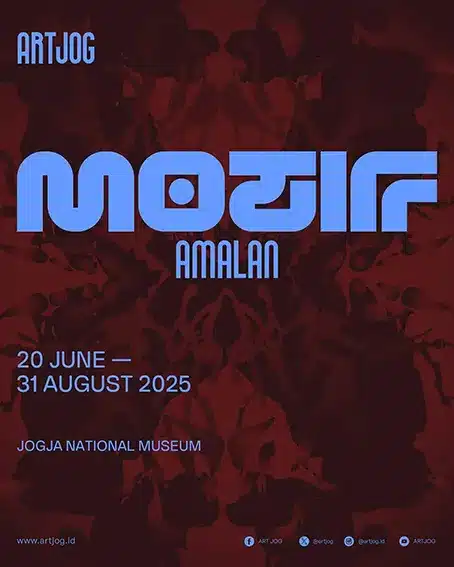 Official exhibition poster for ARTJOG 2025 titled Motif Amalan, featuring bold blue typography over a deep red abstract patterned background, curated by Hendro Wiyanto at Jogja National Museum.