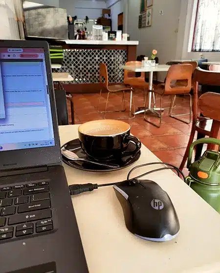 laptop and mouse for day break time and cappucino coffee while doin some articles for hans kristo web