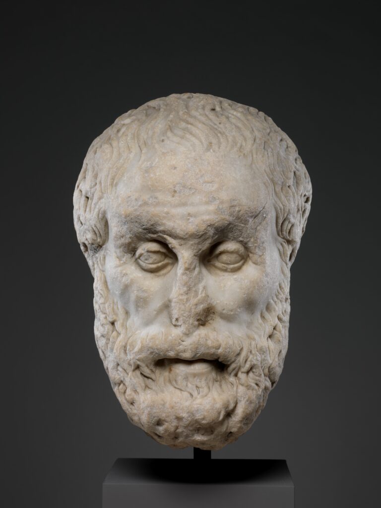 Marble portrait bust of Aristotle from The Met collection representing Classical Greek art and Aristotle's catharsis in the philosophy of art.