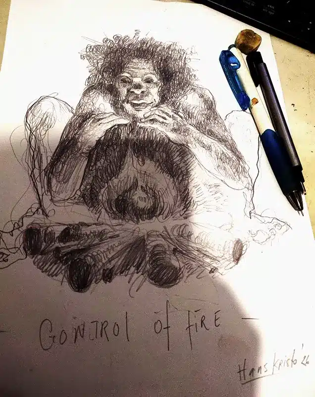 Sketch of early human by a campfire representing the purpose of prehistoric art and human evolution.