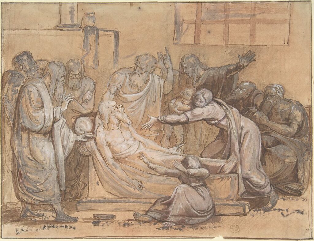 Classical drawing depicting the Death of Socrates surrounded by disciples, representing Classical Greek art and the philosophy of art, from The Met collection.