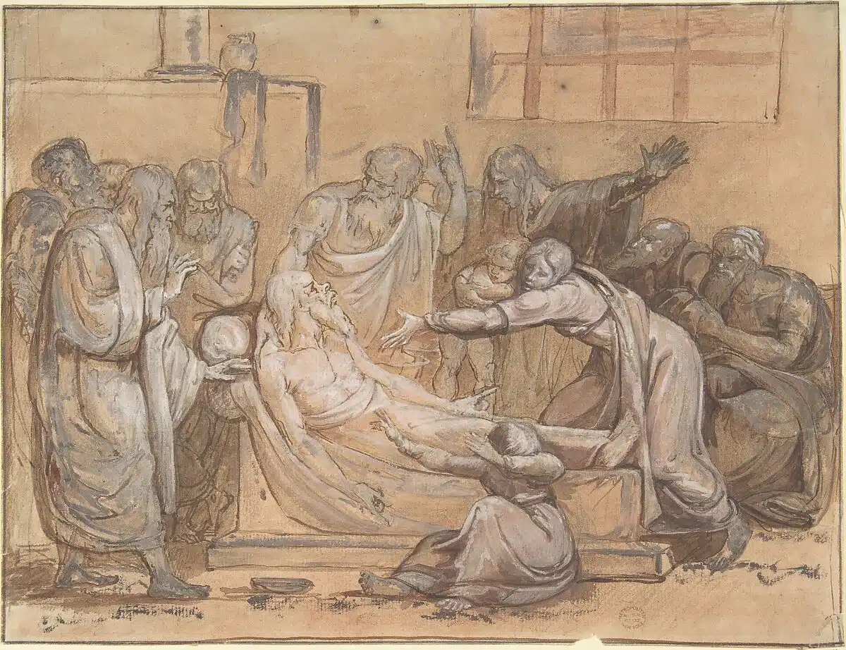 Classical drawing depicting the Death of Socrates surrounded by disciples, representing Classical Greek art and the philosophy of art, from The Met collection.