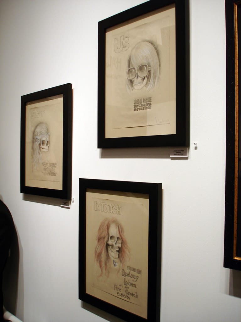 Hans Kristo | Pop Surrealism Artist | Indonesia Pop Surrealism | Lowbrow artist 18 Pop Surrealism skeletal celebrity drawings framed on exhibition wall at Corey Helford Gallery.