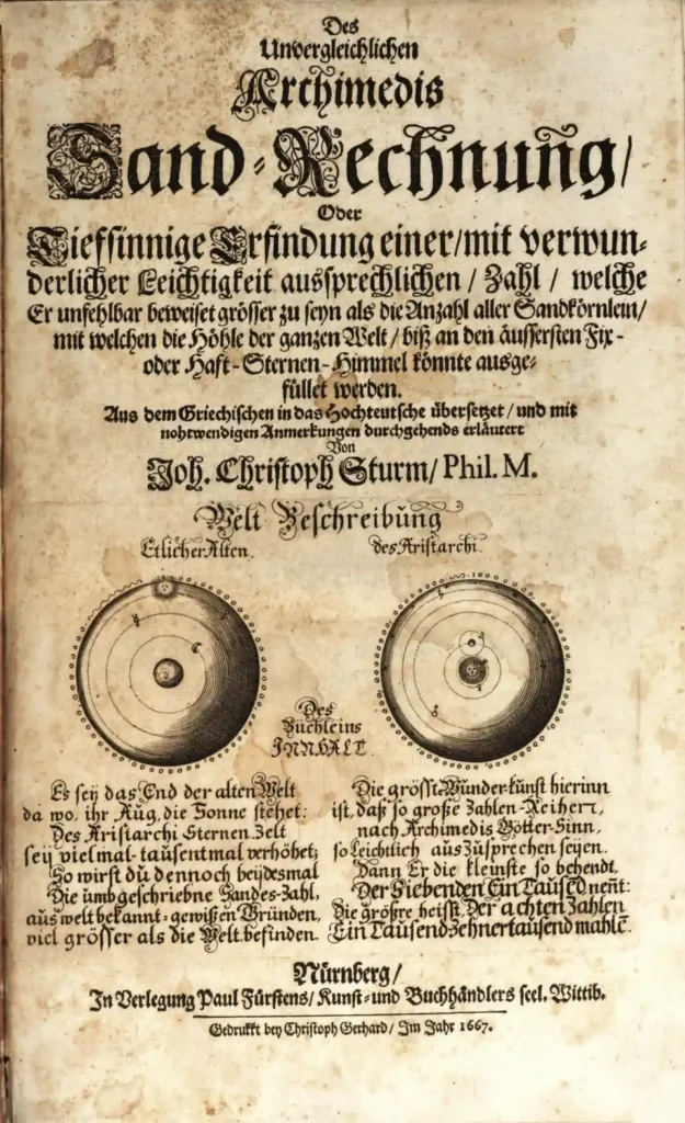 1667 German edition title page of Archimedes Sand Reckoner featuring ancient astronomical diagrams and Fraktur typography.