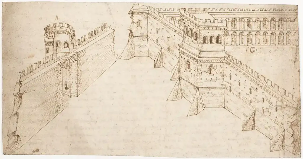 Pen and ink architectural drawing of fortified city walls and watchtowers illustrating Vitruvius Book 1 Chapter 4.