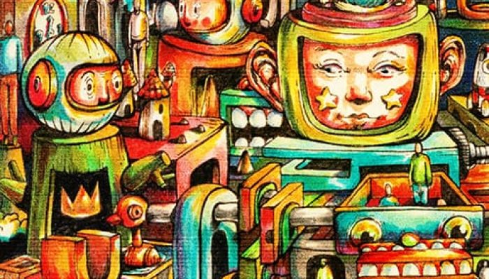 PANDORA-CIRCUIT by pop surrealism artist Hans kristo Colorful contemporary art pop surrealism work “Pandora Circuit” by Indonesian NFT artist Hans Kristo, featuring a mechanical cityscape of broken toys, decaying robots, clown-doll faces, nostalgic childhood motifs, televisions with human faces, and labyrinth-like miniature houses in a surreal theatrical setting.
