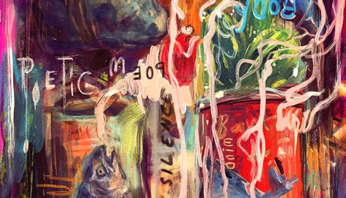 I AM STILL HERE –  2022 Abstract surrealist painting “I AM STILL HERE” (2022) by Hans Kristo, depicting a fragmented human figure with neon strokes, layered text, and a symbolic fish — exploring resilience and the Web3 art ecosystem where artists selling art online find new meaning.