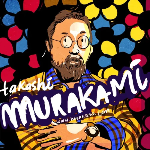MURAKAMI Illustration of Takashi Murakami wearing glasses and a colorful checkered shirt, with a bold flower-pattern background inspired by his Superflat art style, digital artwork by Hans Kristo.