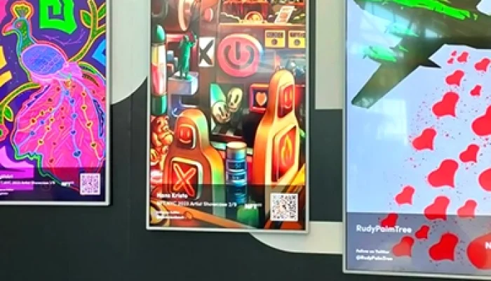 NFT NYC 2023 new Digital artwork of a futuristic control room with robotic seats, glowing buttons, and surreal symbols, displayed at NFT NYC 2023.