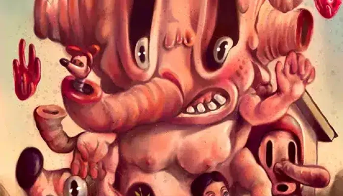 Fallen Eden – Lukisan Pop Surrealism karya Hans Kristo, menampilkan figur grotesk surealis dengan bentuk yang meleleh, mata, mulut, dan tangan yang berlapis, melambangkan rapuhnya harapan di antara kehancuran dan pembaruan.