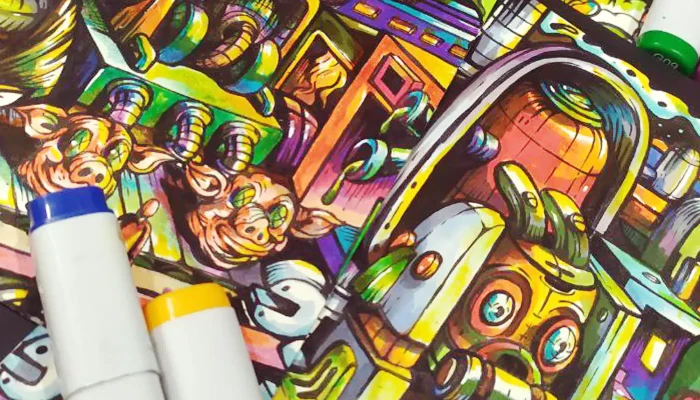 mechanism of madness Progress The Mechanism of Madness by Hans Kristo — Pop Surrealism artwork with surreal factory machines, pig faces, and grotesque figures in neon colors.
